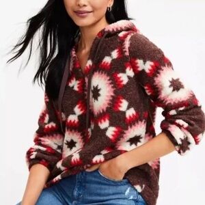 NWT LOFT Brown Sherpa Sunburst Hoodie Sweatshirt Chocolate Teddy Fleece Quilt